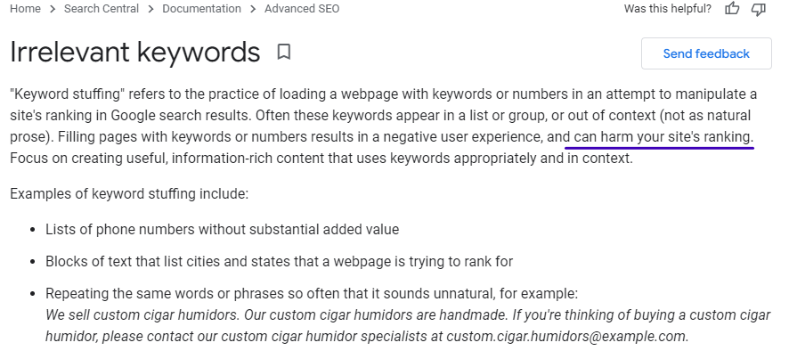 google sulla keyword stuffing